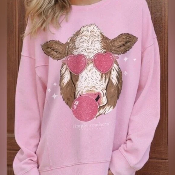 Simply Southern Bubble Gum Cow Sweatshirt, NWT - Picture 1 of 6